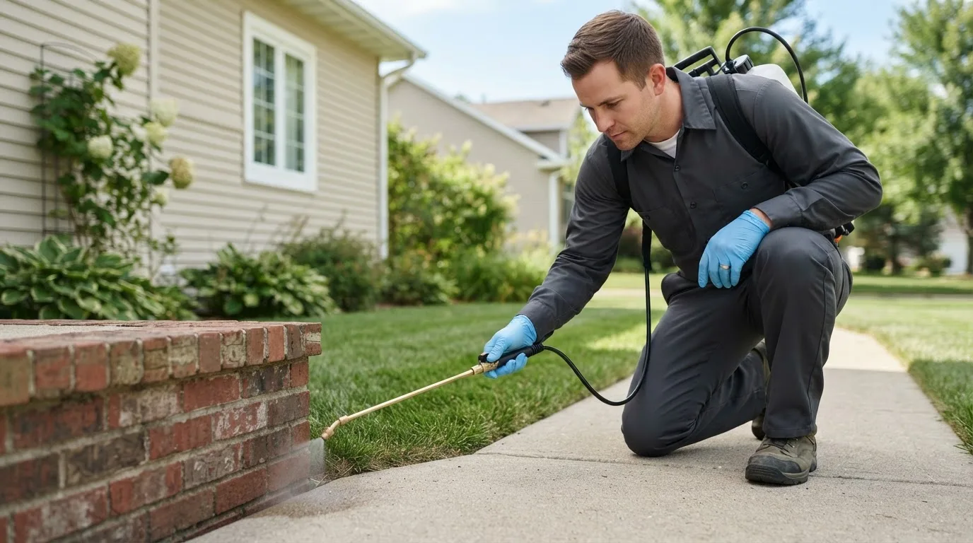 Pest control technician treating a home near Colchester, IL