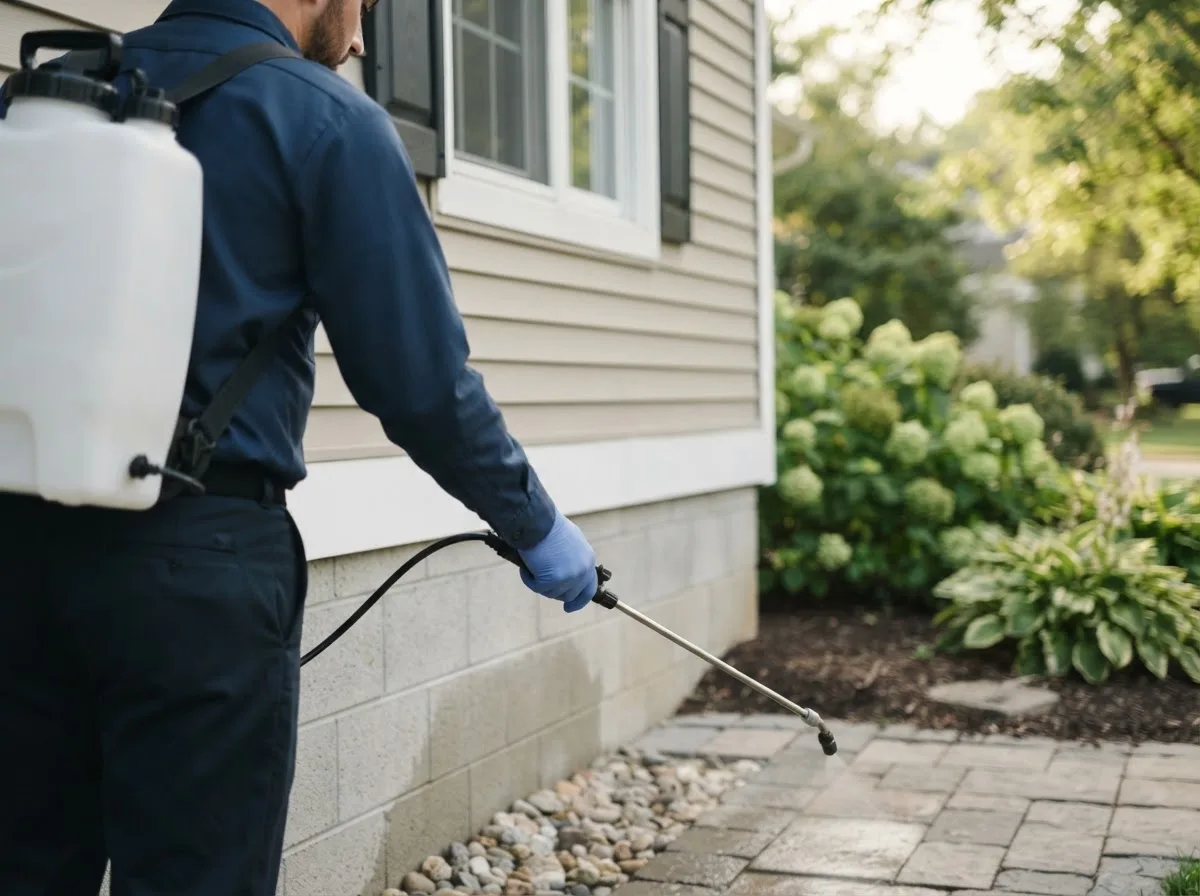 Pest control technician inspecting a home in Colchester, IL